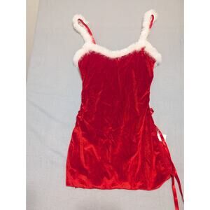 Sexy Red Velvet Christmas Chemise Lingerie Dress White Faux Fur Trim Lace Up M